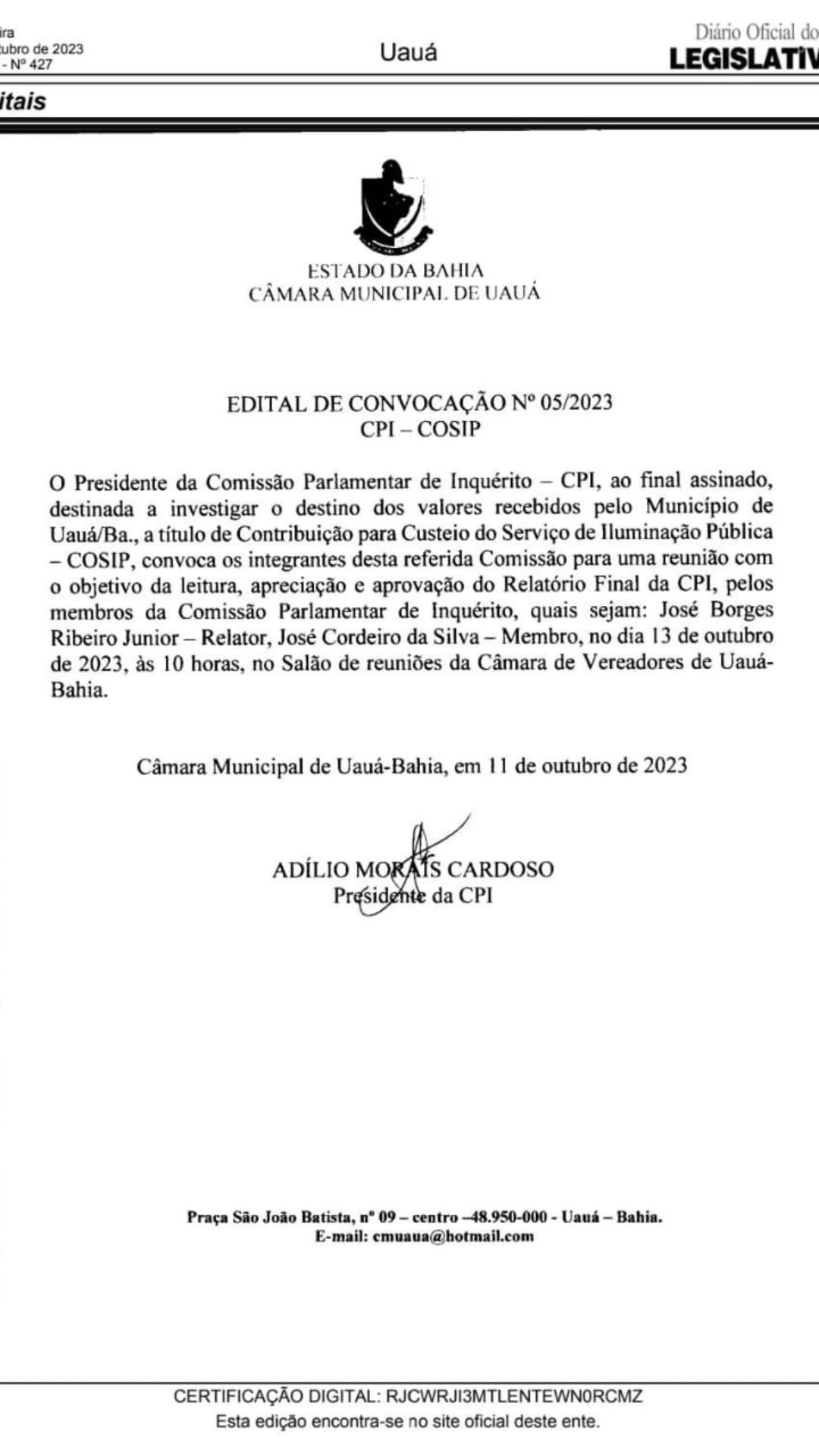 Câmara de Vereadores de Uauá publica Edital de Convocação de apreciação e aprovação do Relatório Final da CPI.