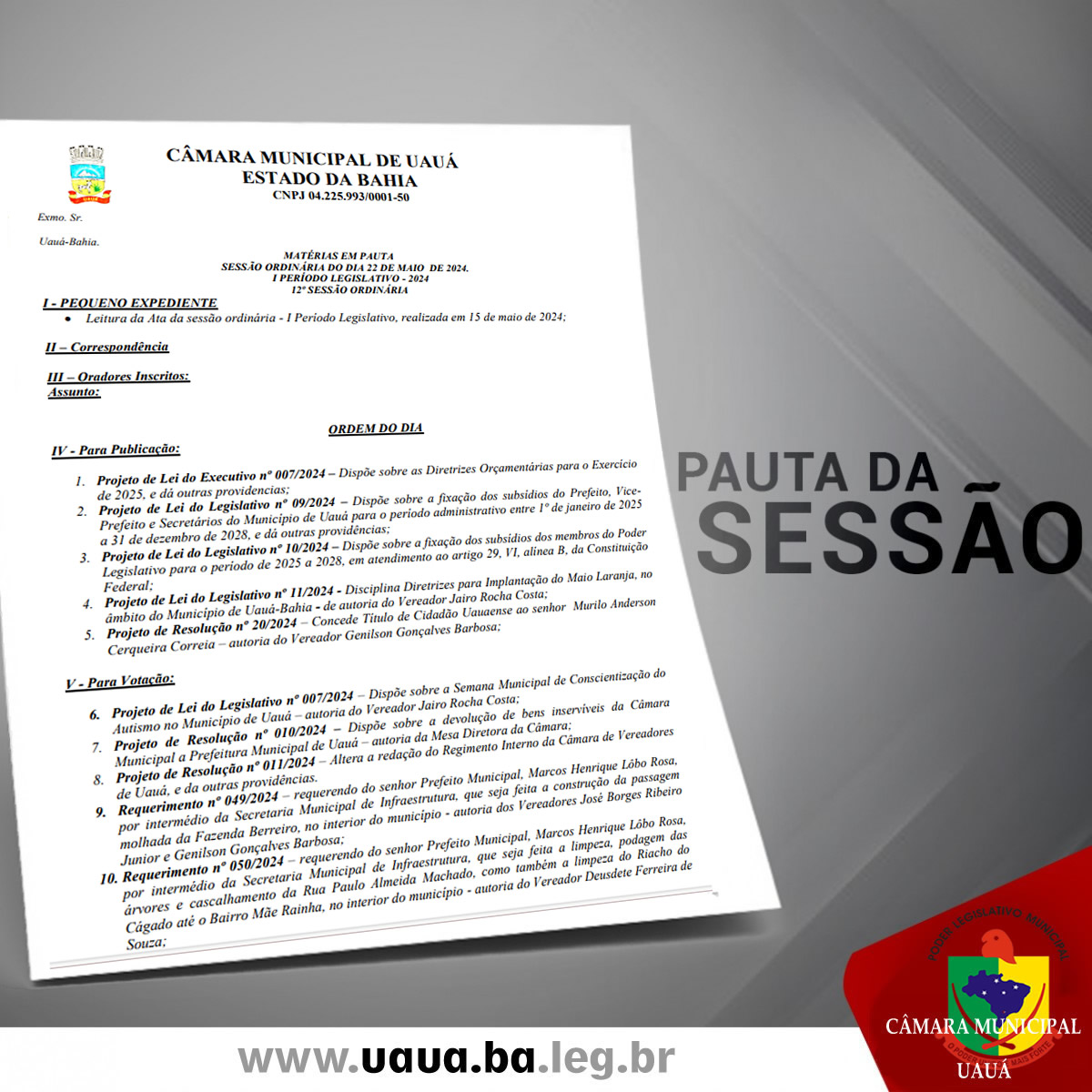 Pauta da 12ª sessão ordinária Cãmara de vereadores de Uauá