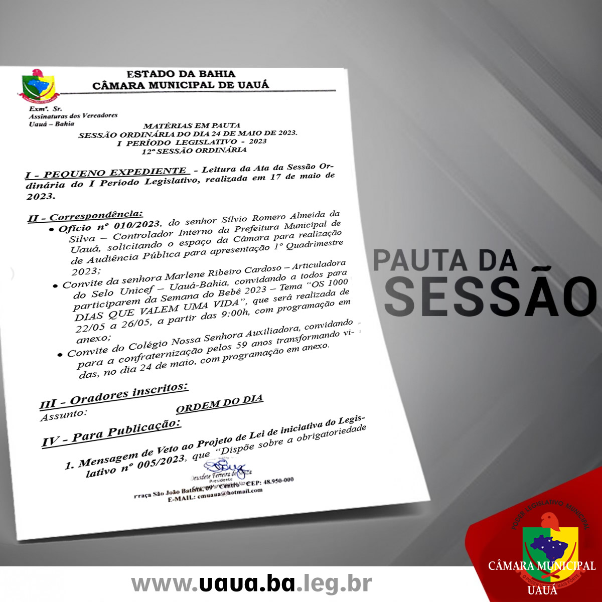 Pauta da Sessão ordinária do dia 24 de maio de 2023